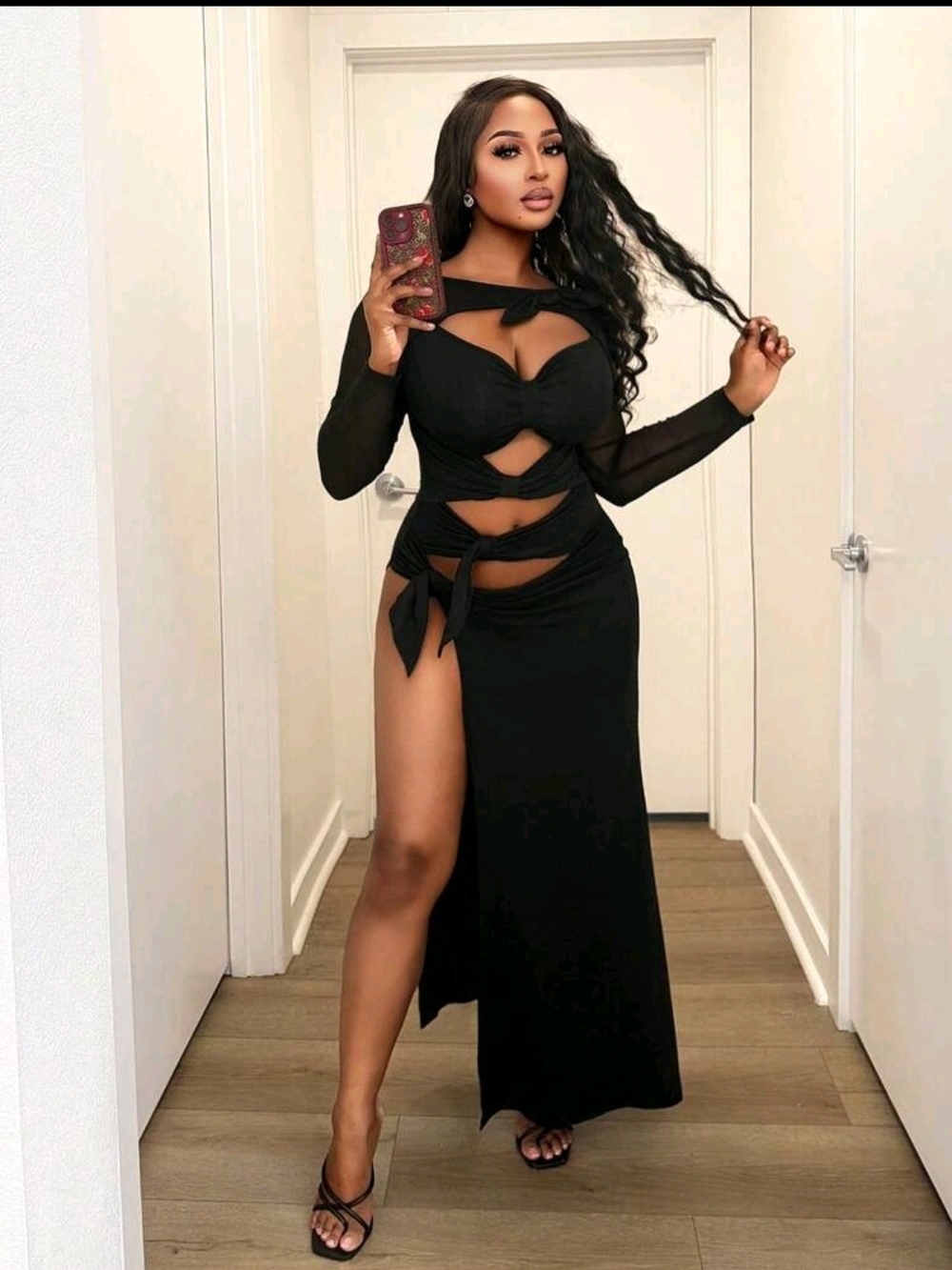 Black Cutout Tie-Waist Long Sleeve Maxi Dress